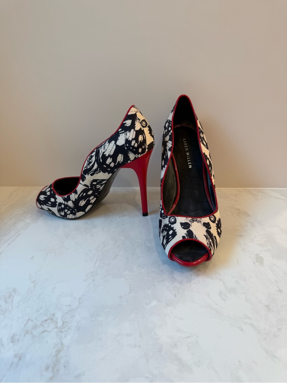 Karen Millen Floral Peep Toe Platform Pumps EU 37 Red Stiletto Heels
